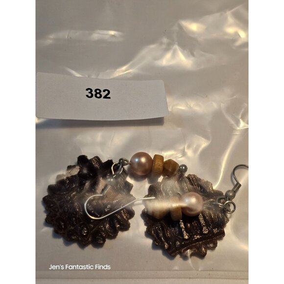 Handcrafted Leather Leaf Earrings With Pearl & Wooden Beads - Picture 6 of 6